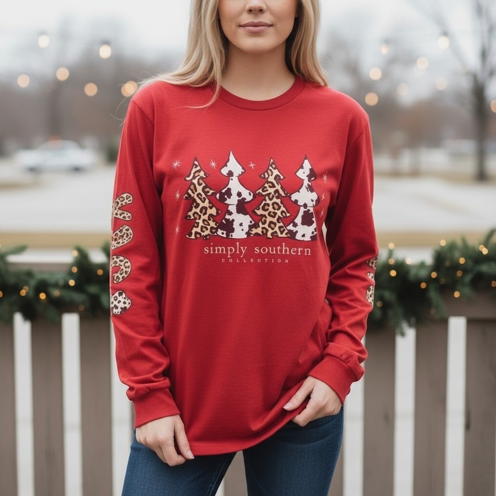 Simply Southern Santa Cow Christmas Long Sleeve T-Shirt Red Women Medium HoHoHo